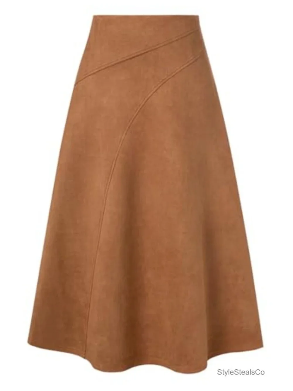 Faux Suede High Waist A-Line Midi Skirt with Elastic Waist and Hidden Zip